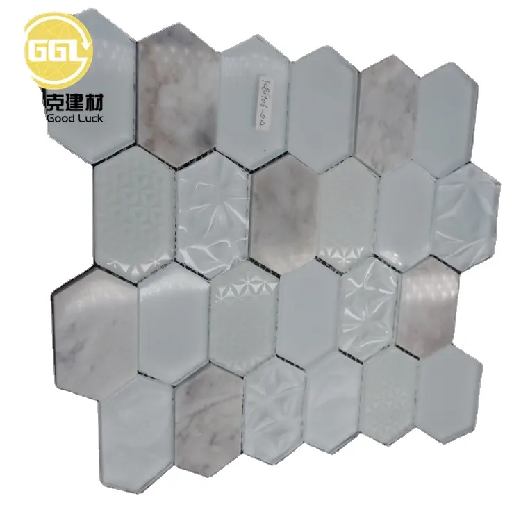 Ubin mosaik kaca marmer segi enam putih buatan Tiongkok