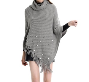 Offre Spéciale haute qualité épaissir mode dame voyageant chaud <span class=keywords><strong>Poncho</strong></span> châles couleur unie perle col haut plaine frange écharpe - Product Image 4