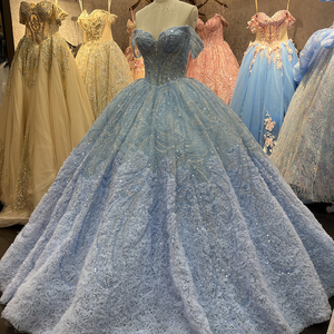 Robe de soirée de luxe bleu ciel brillante avec sequins, appliques en dentelle et perles, style princesse, pour anniversaire 15-16 ans, avec traîne chapelle - Modèle Dy6948-2 - Product Image 6