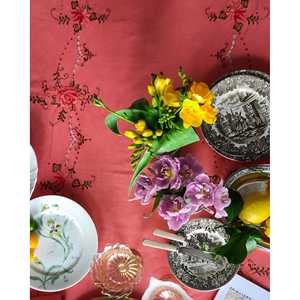 Mantel de Algodón Ecológico para Bodas con Bordado Rosa, Servilletas Teñidas de Coral con Patrón Cuadrado para Hoteles y Restaurantes - Product Image 6