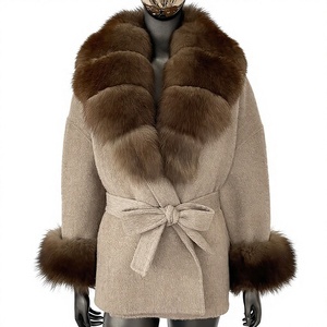 Manteau en laine pour femme, nouveau style luxe léger avec col en fourrure de renard, coupe courte haut de gamme avec ceinture <span class=keywords><strong>à</strong></span> nouer, manteau en laine chaud pour l'hiver, vente en gros - Product Image 3