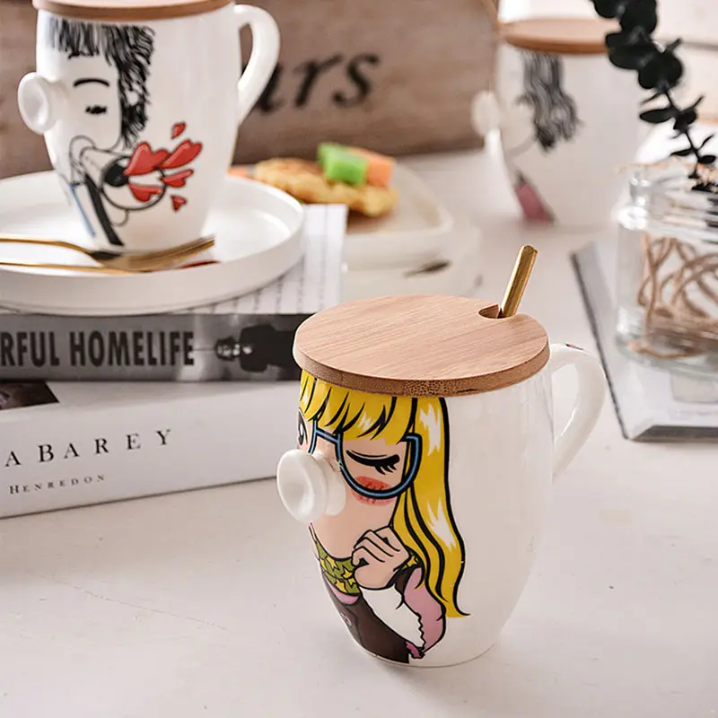 Cartoon Anime Paar Paar Cup Met Deksel Lepel Leuke Creatieve Grote Capaciteit Melk Ontbijt Cup