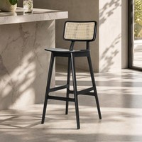 Tabourets de bar modernes en bois massif, style mi-siècle, vintage, avec assise en rotin tressé, repose-pieds, sans accoudoirs, dossier haut, non pivotants, pour cuisine
