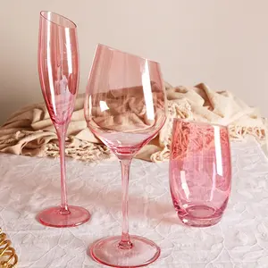 180ml Leadfree Crystal Pink Stemless Beer Water Mouth Bevel Oblique Cut Wine Goblet Slant Rim Champagne Glass