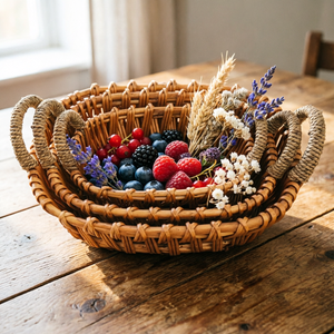 Set di 3 Cesti Portaoggetti in Vimini Intrecciati a Mano con Manici per Organizzazione Domestica, Conservazione Giocattoli e Frutta, e Decorazione Casa - Product Image 2