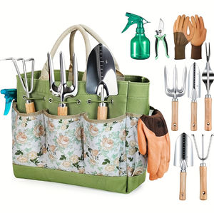 Juego de 9 Herramientas de Jardinería de Acero Inoxidable con Mangos de Madera, Bolsa Organizadora con Agarre en T, Kit de Jardinería para el Hogar y Paisajismo, Disponible en EE. UU. - Product Image 1