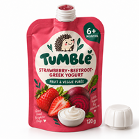 Pochette à bec verseur personnalisée imprimée, refermable et réutilisable pour aliments pour bébés, 120g, purée de fraise, betterave et yaourt grec
