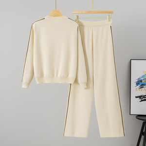 Completo sportivo casual da <span class=keywords><strong>donna</strong></span> 2025, nuovo modello transfrontaliero, con top a mezza zip a tinta unita e <span class=keywords><strong>pantaloni</strong></span> a gamba larga, set due pezzi in maglia per autunno inverno - Product Image 2