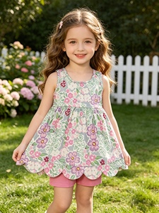 Conjunto sin mangas para niña GSSO3385 rts Little Active Girl con estampado de flores, lazos rosas y volantes, venta al por mayor para niños - Product Image 1