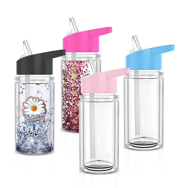 300Ml 500Ml Sneeuwbol Plastic Kids Tumbler Dubbelwandige Acryl Cup Voor Kinderen Diy Glitter Sport Waterfles