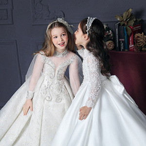 High Quality Embroidery Beaded Bow Kids Gowns Flower Girls Wedding Bridesmaid Dresses Communion Dress White Pageant Party Frock - Product Image 2