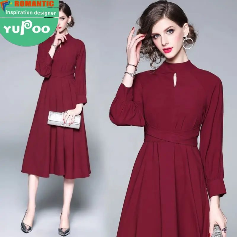 In stock 2024 early spring Europe and America style new fashion long sleeves A line wine red elegant casual women long dresses