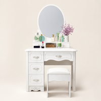Coiffeuse moderne en MDF blanc avec miroir ovale éclairé, 4 tiroirs, élégante table de maquillage pour chambre à coucher avec rangement, modèle 921D
