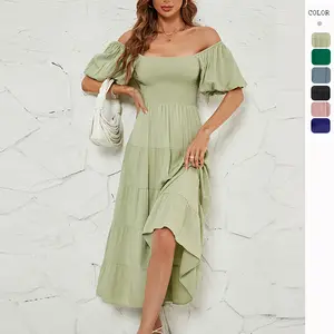 Solide Farbe hohe Taille Puffärmel eingekreiste Taille Abendkleider Fabrik Großhandel A-Leiste Maxi-Kleid lange Kleider Damen