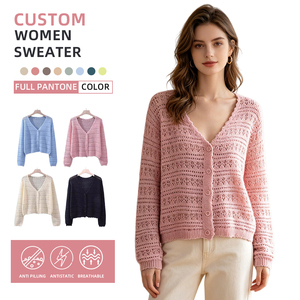 Cardigan Estivo da <span class=keywords><strong>Donna</strong></span> di Alta Qualità, Lavorato a Maglia con Motivo Traforato, Maniche Lunghe Personalizzate, Protezione Solare, Scollo a V - Product Image 1