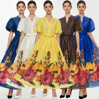 Robe décontractée personnalisée pour femme, style bohème, imprimé numérique rétro floral, coupe longue ajustée, col en V, manches bouffantes, grande jupe évasée