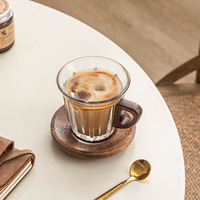 Ensemble de tasses à café blanc cassé en verre, exquises pour la maison, pour expresso et latte, avec support en bois de noyer, design minimaliste japonais, pour le marché international