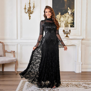 <span class=keywords><strong>Vestito</strong></span> Lungo Elegante <span class=keywords><strong>Nero</strong></span> con <span class=keywords><strong>Paillettes</strong></span> e Perline, <span class=keywords><strong>Maniche</strong></span> <span class=keywords><strong>Lunghe</strong></span>, Nuovo Modello, con Pizzo, per Feste - Vendita Calda - Product Image 5