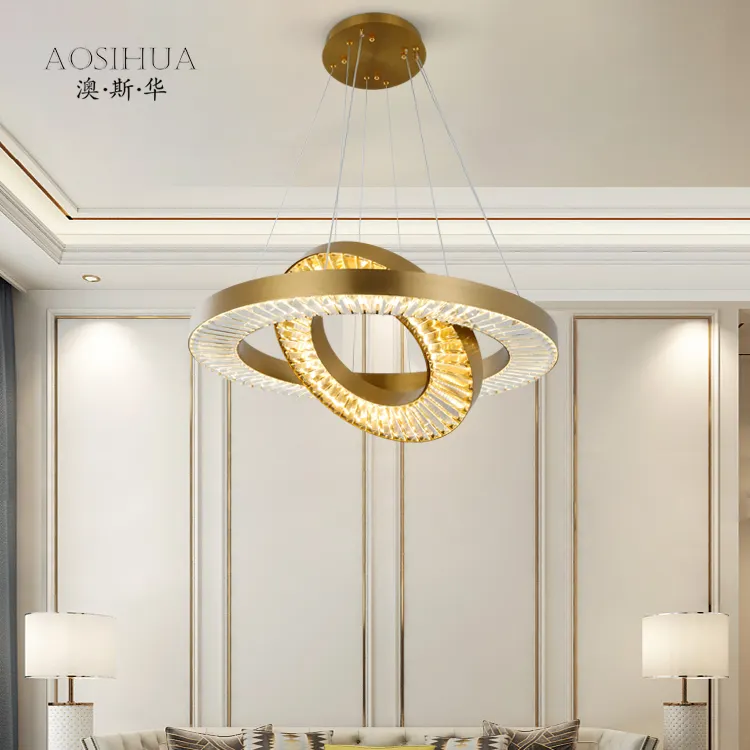 AOSIHUAホテルの家の装飾クリスタルリングハンギングランプステンレス鋼天井ペンダントライトモダンラウンドLed高級シャンデリア
