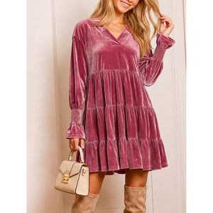 Robe tunique en velours pour femme, col en V, manches longues bouffantes, volants superposés, coupe trapèze, longueur thé, robe de soirée - Product Image 2