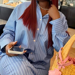 Women's Striped 2 Piece Set - Long Sleeve Button <b>Down</b> Shirt & Wide Leg <b>Pants</b> Fashion - Product Image 4