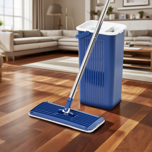 Serpillières plates en microfibre pour nettoyer les sols avec système d'essorage semi-automatique, ensemble serpillière et seau pour le nettoyage domestique - Product Image 1