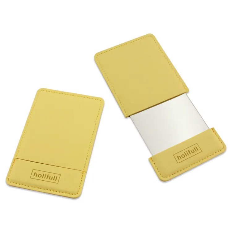 아름다움 휴대용 금속 스테인레스 스틸 신용 카드 스타일 컴팩트 경품 화장품 포켓 메이크업 PU 파우치가있는 거울