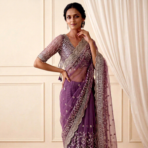 Sari en filet haut de gamme, Sari en filet brodé, Bordure richement découpée, Broderie au fil de coton, Sari avec travail de perles, Sari avec travail de paillettes - Product Image 1