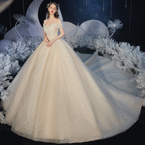 Starry Sky Wedding Dress Off-Shoulder Ball Gown Champagne Color High Waist Floor Length With Train Elegant Vintage Style - Product Image 3
