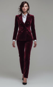Ensemble pantalon et blazer de luxe en velours bordeaux pour femme, blazer élégant à double boutonnage avec pantalon slim, tenue de créateur - Product Image 3