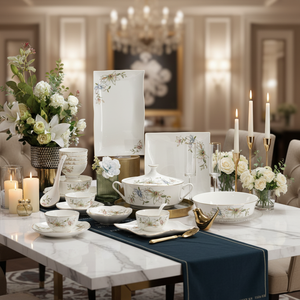 HIHUI Luxury 6-8 Piece Eco-Friendly Bone China <b>Dinnerware</b> Set European Style Scenic Green Gold On-glazed Pattern Beijing - Product Image 1