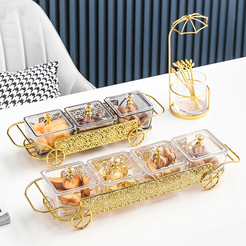 Hot Selling Luxury Style Glass Fruit Bowl Living Room Glass Fruit Tray Sets Kitchen Golden Glass Dishes With Stand
