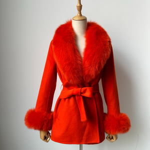 Elegante abrigo rojo de Cachemira con cuello de piel de zorro puños mujeres Otoño Invierno moda trajes abrigo de lana de Cachemira con ropa de piel Real - Product Image 1