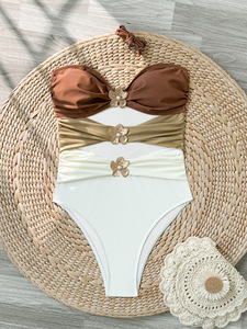 Traje de Baño Entero Bandeau para Mujer, 3 Colores, Decoración de Flores Metálicas, Corte en el Ombligo, Corte Alto, Spandex/Nylon, Secado Rápido, Transpirable - Product Image 4