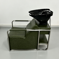 Fauteuil de lavage de cheveux de salon pivotant avec cadre en acier inoxydable, cuir huilé vert, bac en céramique noir
