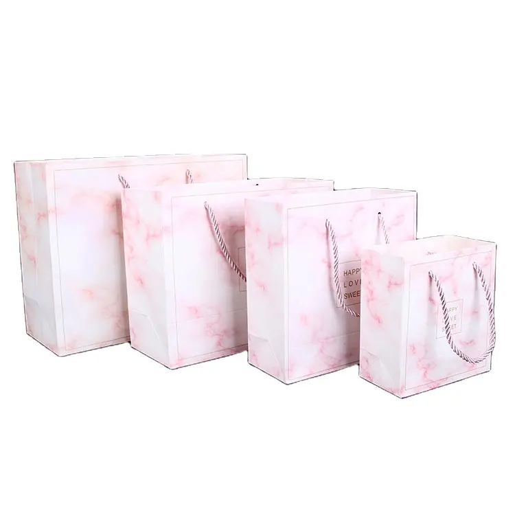 Stock Pink Marble Handbags Paper Bags Souvenirs White Paperboard Gift Bags Gift Packaging Bags Free Samples
