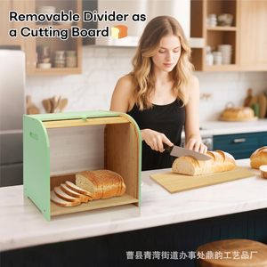 Boîte de rangement pour pain en bois, double couche, couvercle coulissant, organisateur de cuisine, couleur bois naturel vert clair - Product Image 4