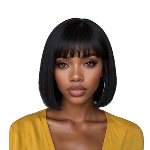 Perruque synthétique noire <span class=keywords><strong>courte</strong></span> et droite, <span class=keywords><strong>coupe</strong></span> bob, <span class=keywords><strong>avec</strong></span> frange droite, en fibre haute température, fabriquée à la machine, pour <span class=keywords><strong>femme</strong></span>, pour le marché international - Product Image 5