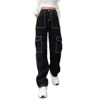 Pantalones vaqueros de pierna ancha para mujer, diseño de costura negra, a presión, lápiz, Cargo, Celana, oferta, 2022