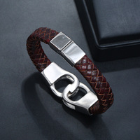 Meilleures ventes : Bijou géométrique pour homme en cuir PU plaqué rhodium, style punk rock simple, en forme de menottes tressées en acier inoxydable