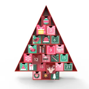 새로운 고급 크리스마스 강림 달력 카운트 다운 선물 양초 상자 서랍이있는 빨간색 크리스마스 트리 상자의 맞춤 24 일 또는 12 일
