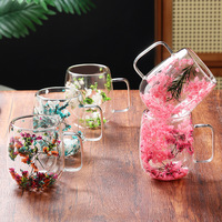 Verre à vin, café ou thé à double paroi avec poignée, originalité 2025, fleurs séchées à l'intérieur