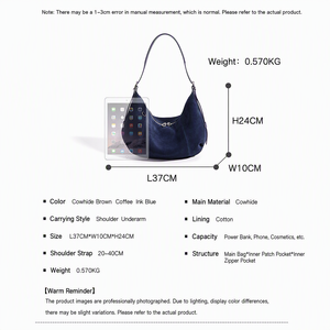 Sac Hobo en Daim de Vachette Personnalisé Bleu Nuit pour Femme avec Double Fermeture Éclair et Bandoulière Réglable – Vente Directe Usine - Product Image 6