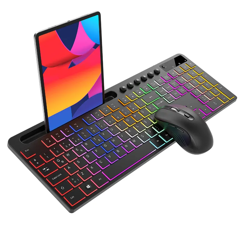 COUSO, venta al por mayor, combinación de teclado y ratón inalámbricos personalizados, teclado y ratón retroiluminados RGB ergonómicos con soporte para teléfono y tableta