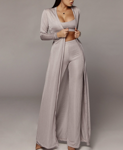 Женский комплект из 3 предметов, трикотажная эластичная одежда с длинным рукавом, накидка на пончо, длинные брюки с широкими штанинами и майка-майка - Product Image 3