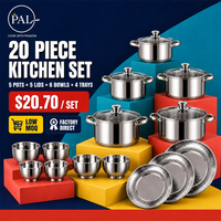 Ensemble de 20 ustensiles de cuisine en acier inoxydable, directement de l'usine, comprenant casseroles, bols et plateaux, pour la préparation culinaire à la maison, en cuisine et au restaurant