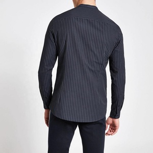 Siqin OEM Manufacturer Latest Designs <strong>Men</strong> Navy Pinstripe <strong>Grandad</strong> Collar Slim Fit Long Sleeve Cotton <strong>Shirt</strong> - Product Image 2