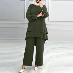 Abaya pour femmes 2 pièces ensemble à manches longues à plusieurs niveaux haut pantalon <span class=keywords><strong>tenue</strong></span> musulmane vêtements de sport survêtement dubaï arabe <span class=keywords><strong>turc</strong></span> costume <span class=keywords><strong>tenue</strong></span> - Product Image 4