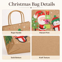 Ensemble de sacs cadeaux en papier kraft imprimés avec des motifs de pinguins, de bonhommes de neige et de rennes de Noël, avec des poignées en corde torsadée