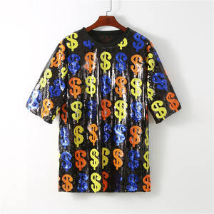 Camicetta con paillettes personalizzata e personalizzata per vendita all'ingrosso in dollari e segno di denaro e paillettes camicia camicia da donna abito estivo da donna - Product Image 1